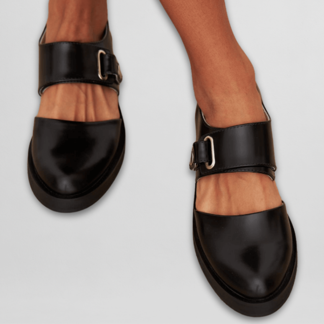 Harriet Mary Janes in black, close view of adjustable strap buckles