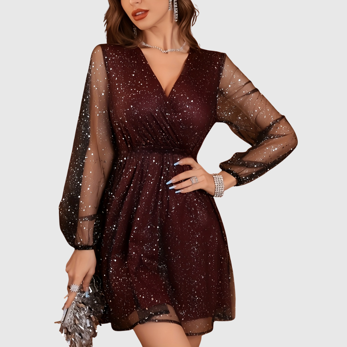 Chloeline sequined mesh dress in deep red, front view with lantern sleeves