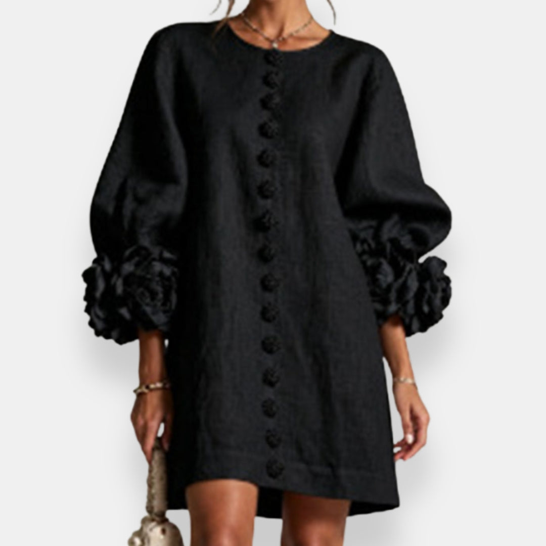 Cecily sculpted floral button dress in black, front view