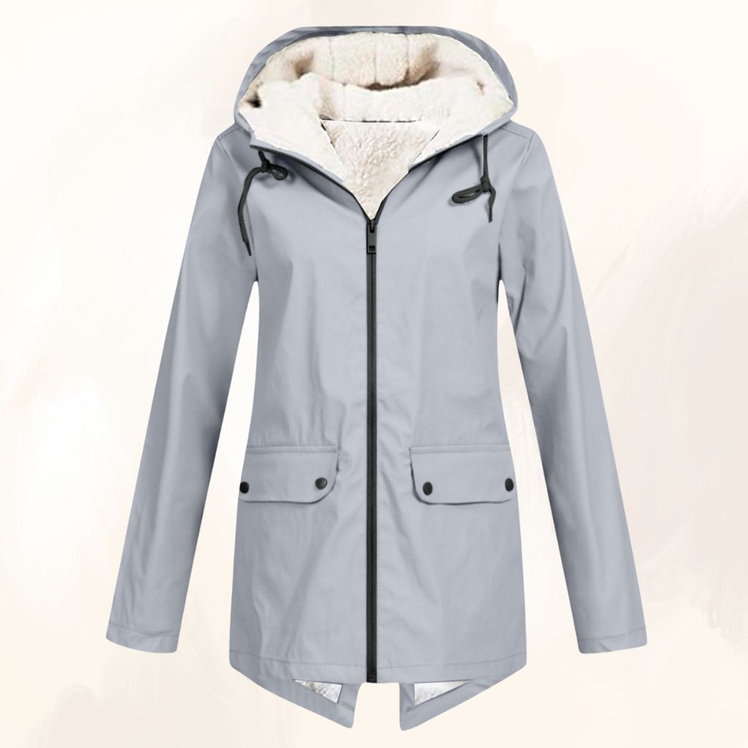 Evelynne winter fur jacket in grey, front view with cream fleece lining