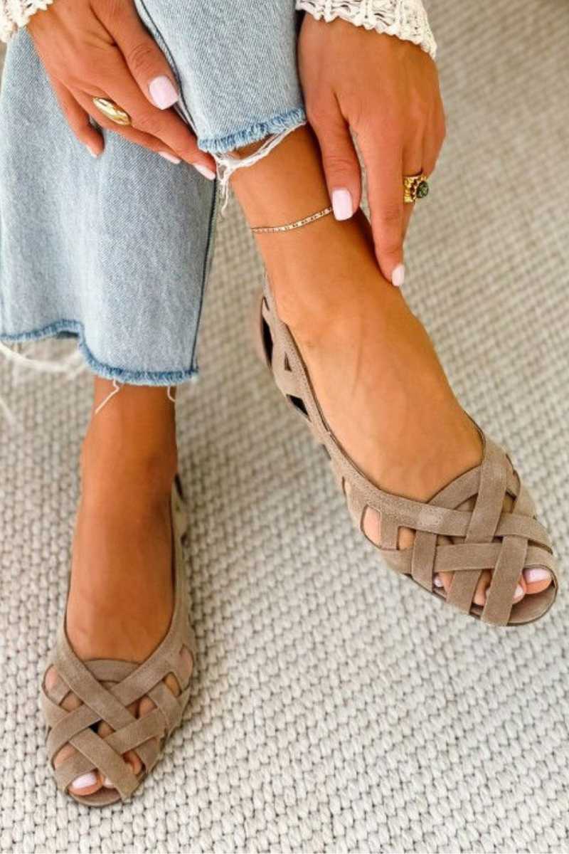 Caterina woven sandals in beige, side view showing cut-out detail