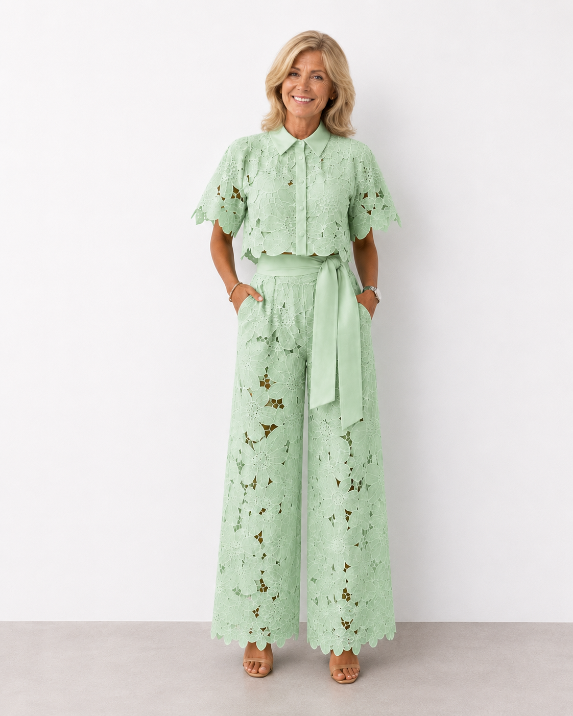 Isabela two-piece lace set in green, full-length front view
