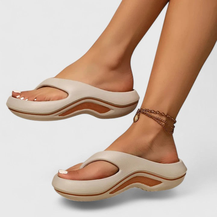 Juliette slide sandals in grey and brown, worn side view