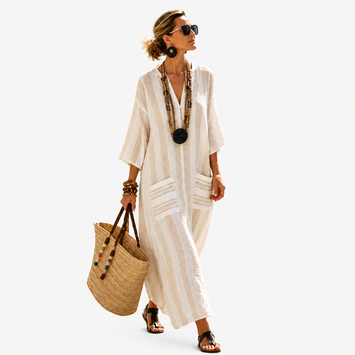 Long kaftan in apricot stripe, full-length front view with patch pockets