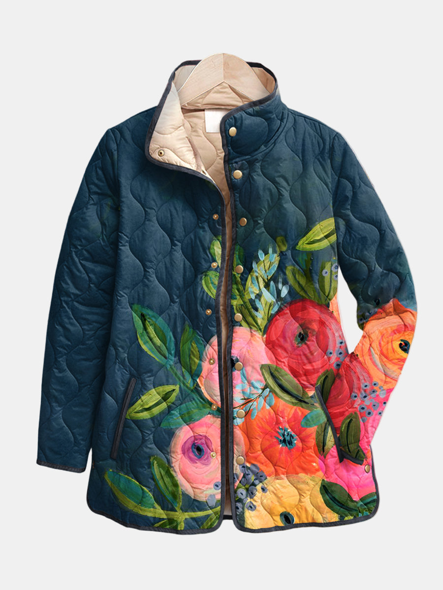 Amaya quilted jacket in teal navy with vintage floral print, front view