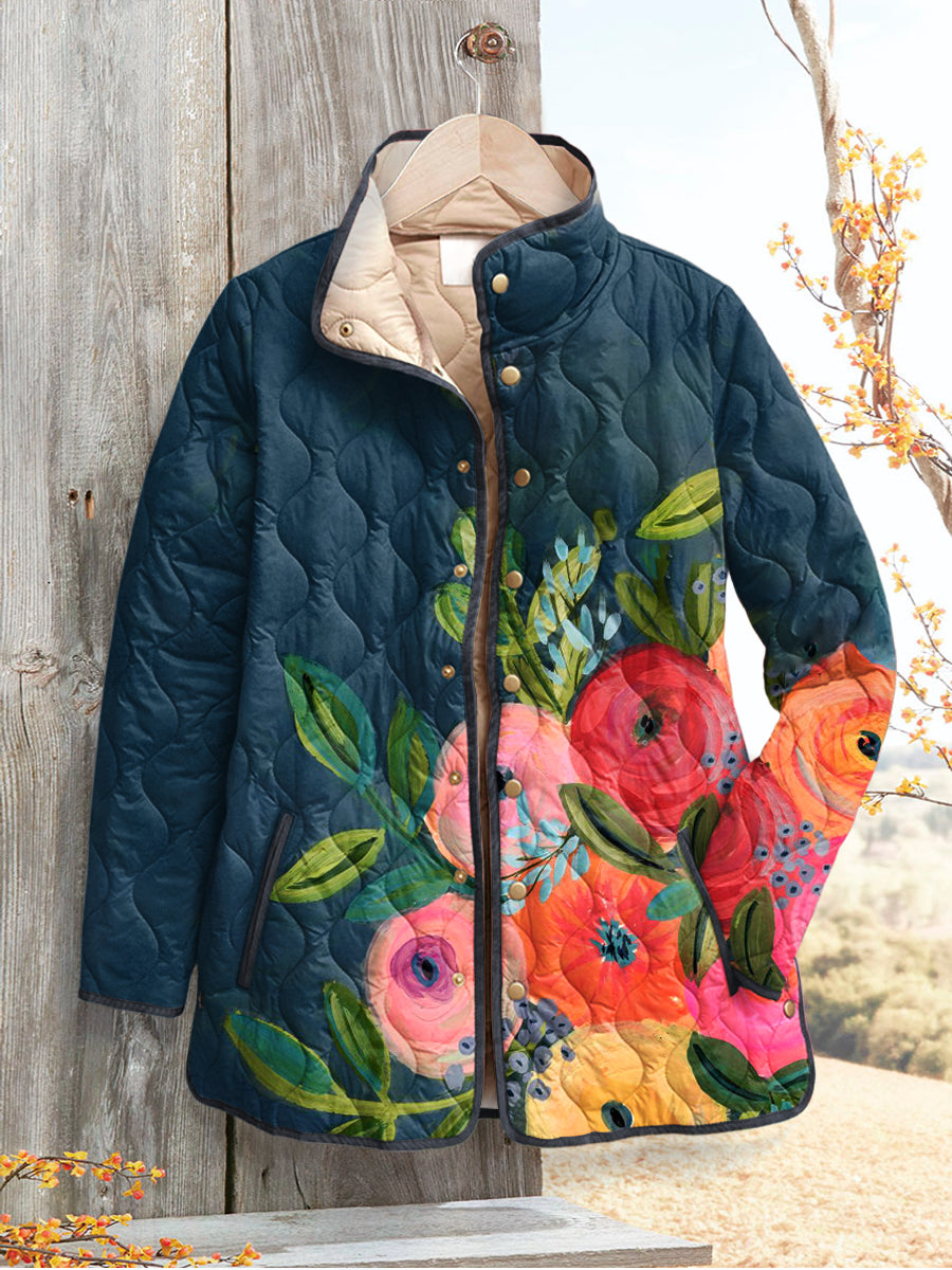 Frances countryside bloom jacket in teal with painted floral print, front view