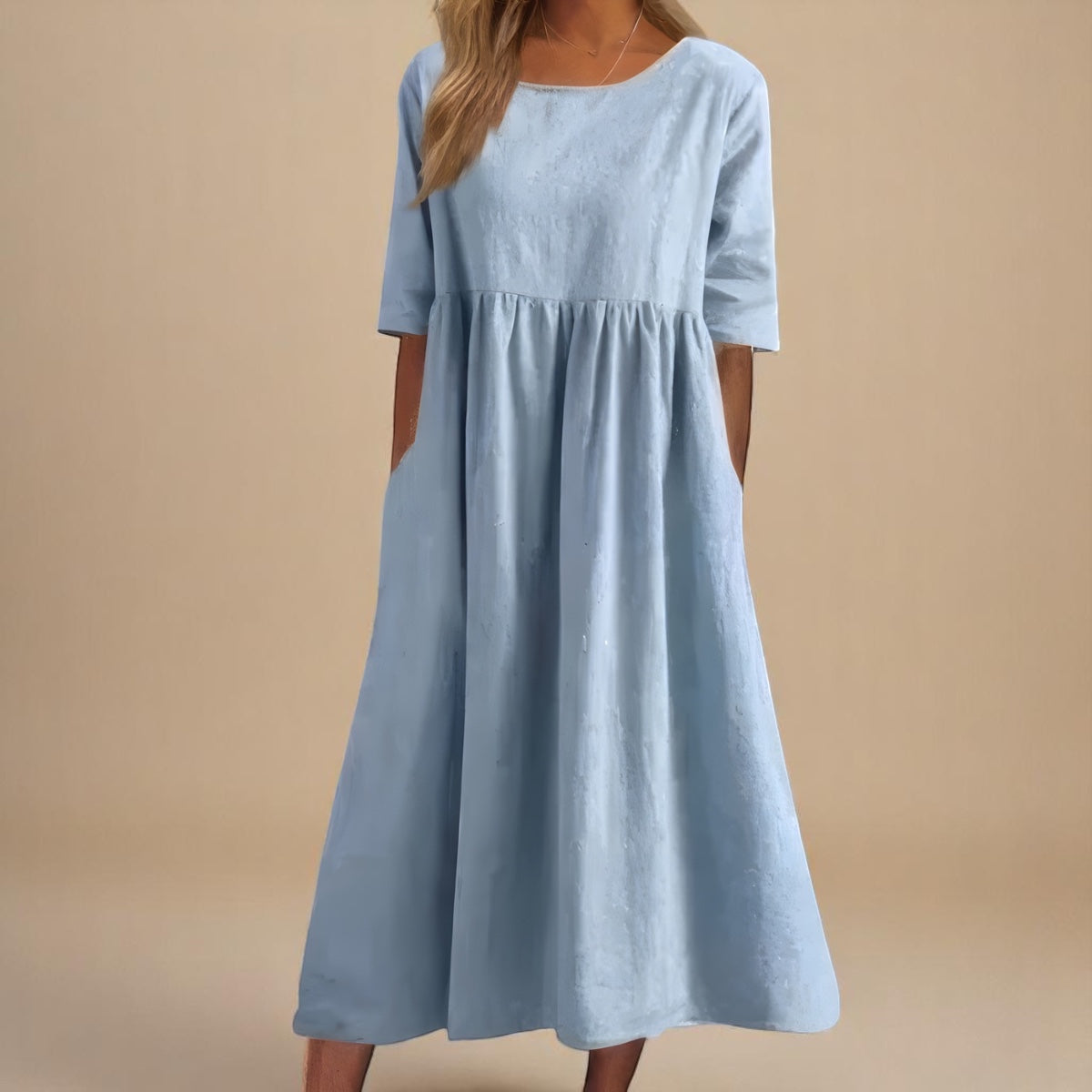 Sofia flattering midi dress in light blue, full front view
