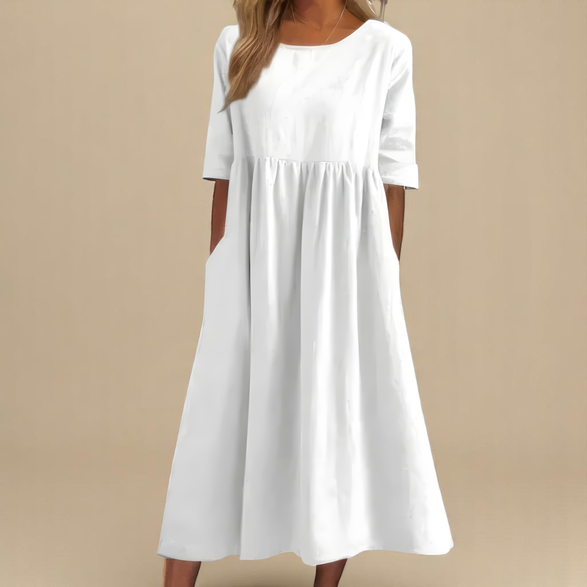 Sofia flattering midi dress in white, full front view