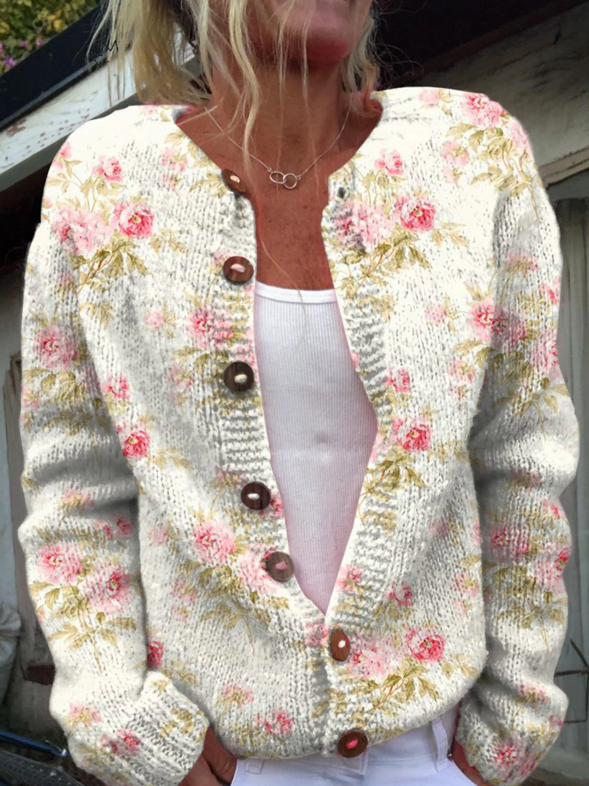 Kerensa vintage floral knit cardigan in ivory with pink flowers, front view