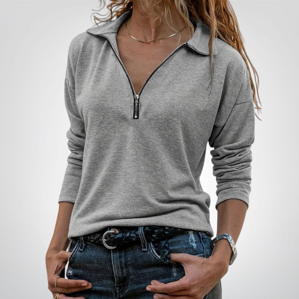 Jaylina half-zip collared top in grey, front view