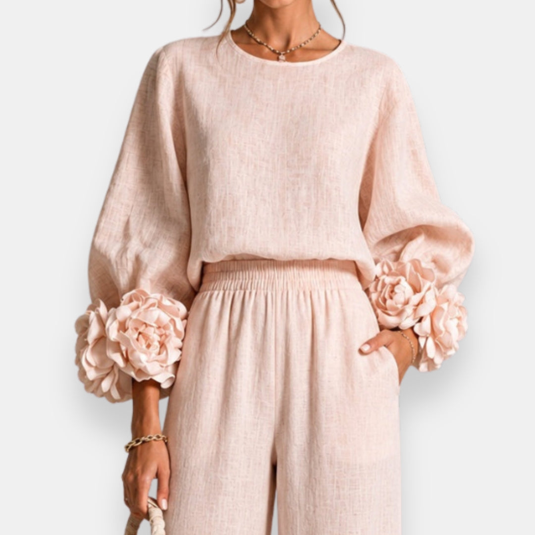 Penelope floral appliqué two-piece set in pink, close-up of cuff flowers