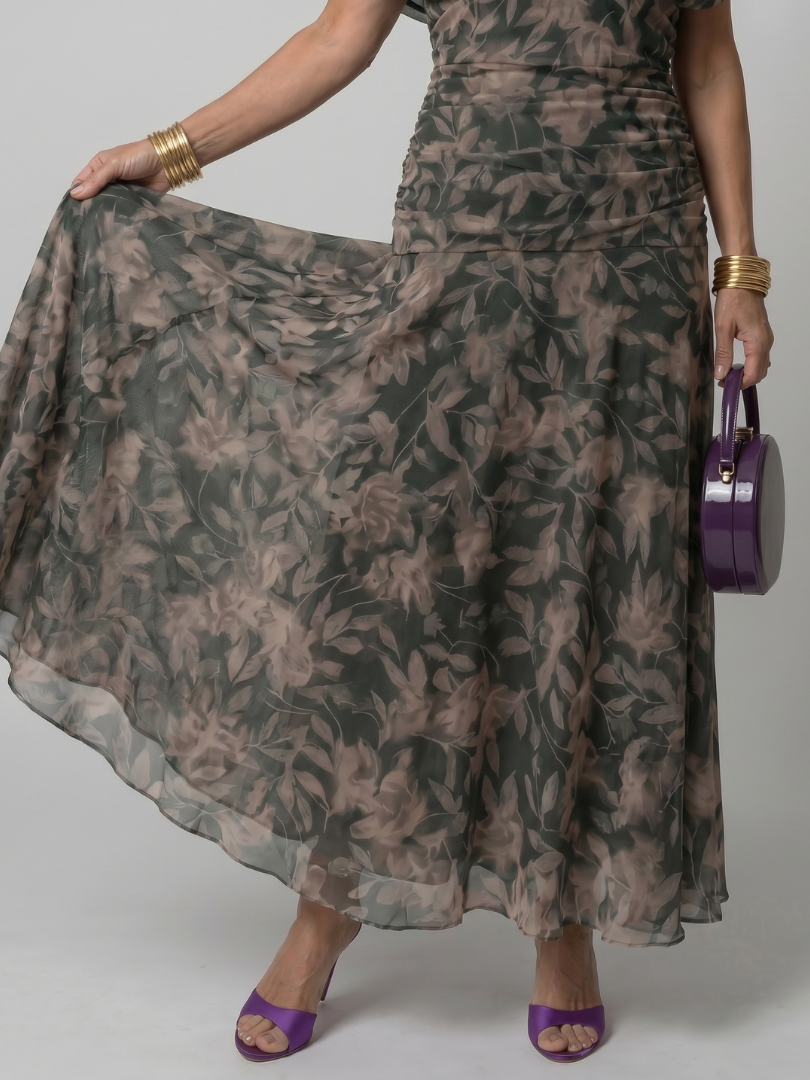 Calen midi dress skirt detail in dark green leaf print
