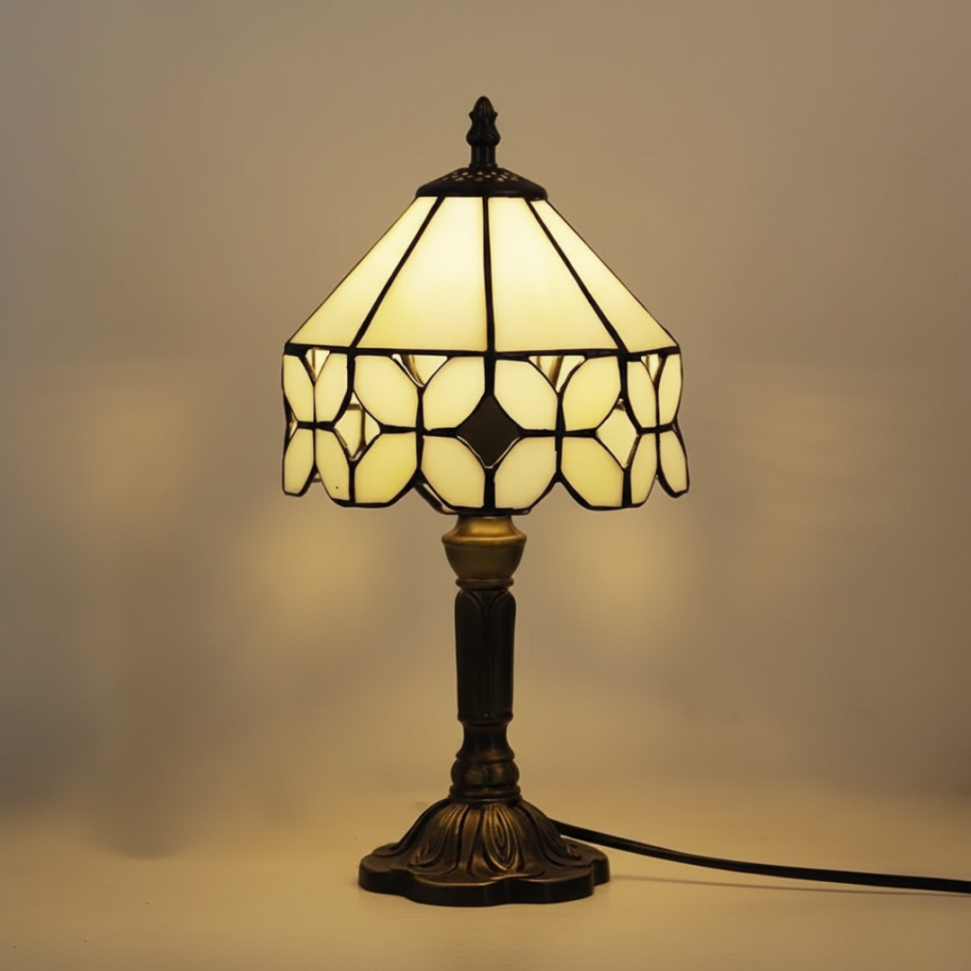 Osaka stained-glass table lamp in cream and bronze, full front view