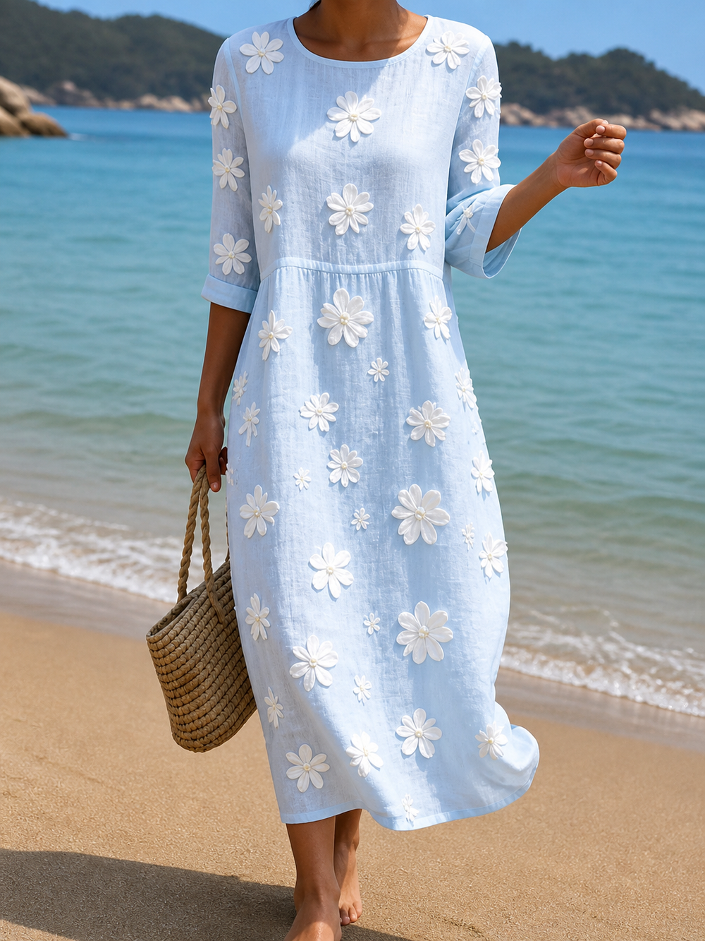 Casual floral midi dress in pale blue with white daisy appliqués, full-length front view