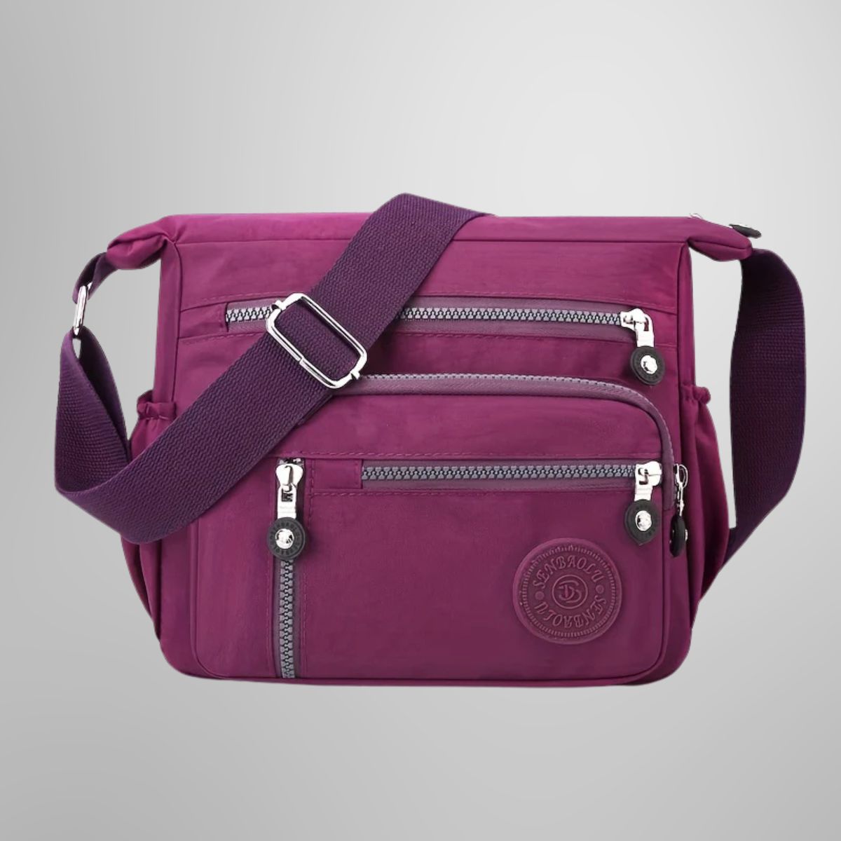 Evelisse modern shoulder bag in purple, front view