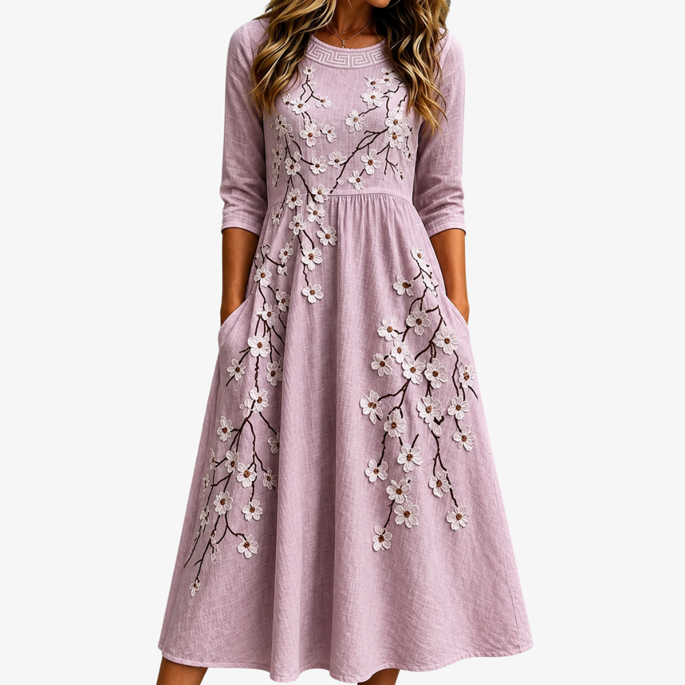 Blushing Orchard floral midi dress in dusty rose, front view with side pockets