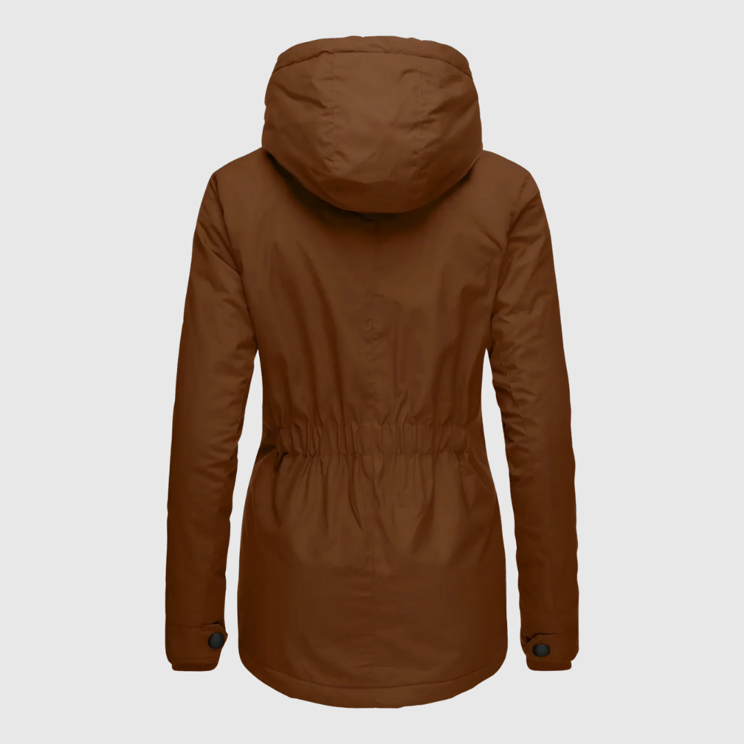 Agnes winter coat in brown, back view showing elasticated waist and long hem
