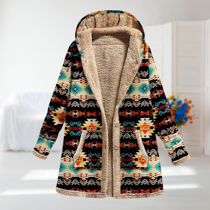 Ingrid hooded Aztec-print coat in black with cream, turquoise and orange motifs, front view