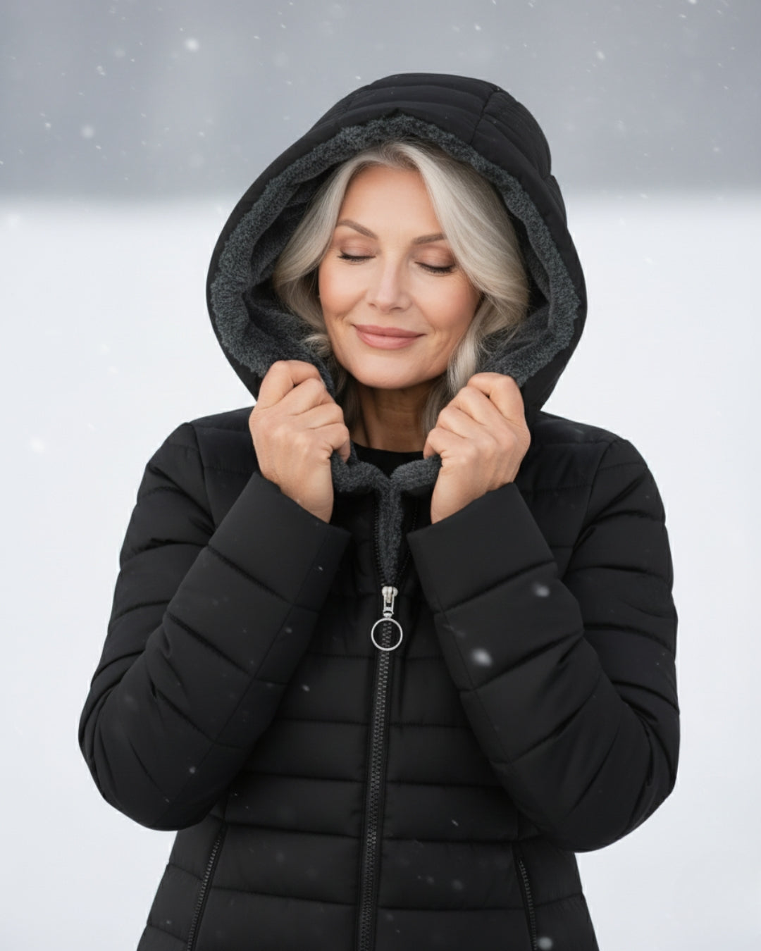Harriet black puffer coat detail, hands holding the fleece hood