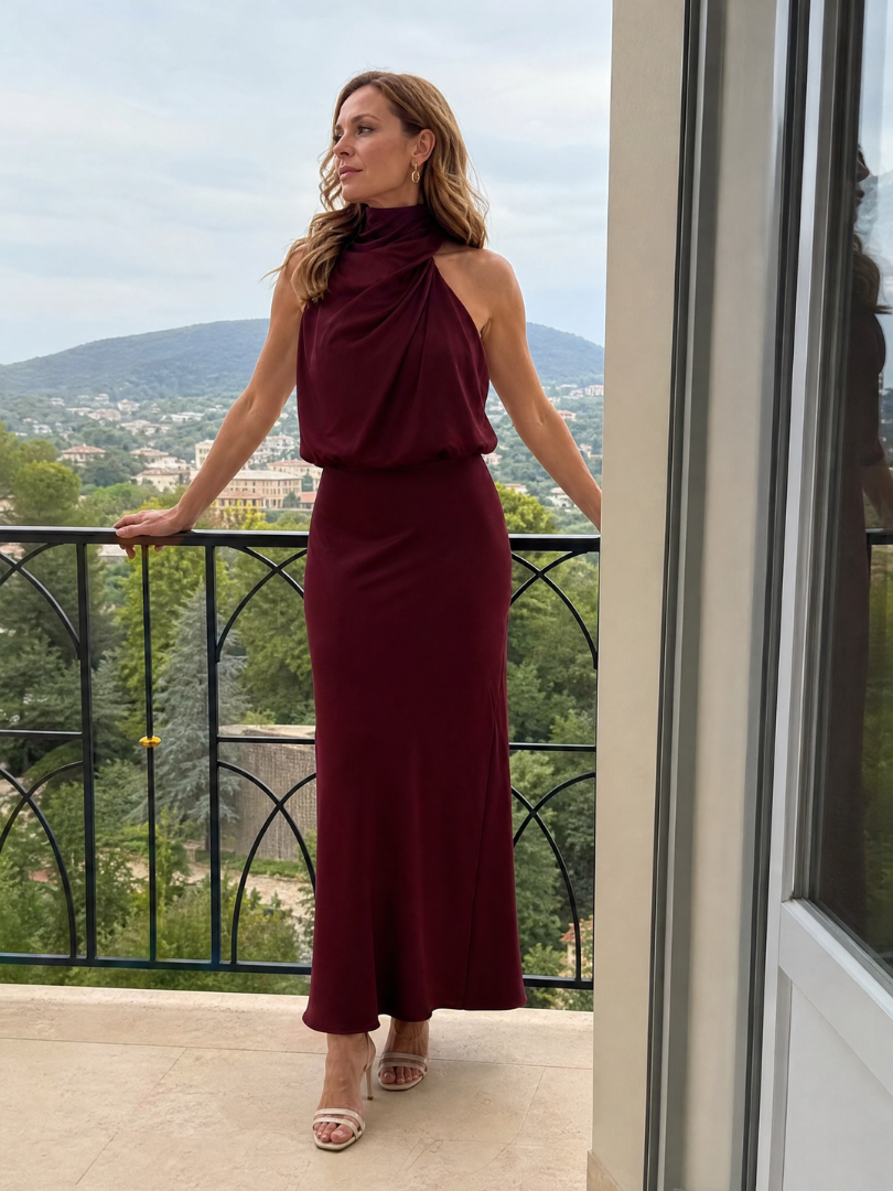 Nopal midi dress in burgundy worn on a balcony, full-length view