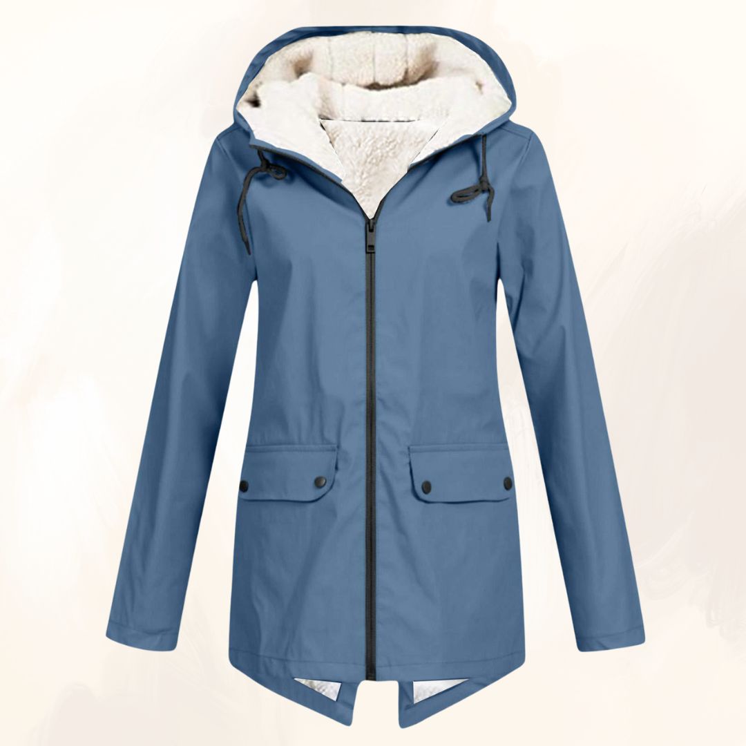 Evelynne winter fur jacket in blue, front view with fleece-lined hood