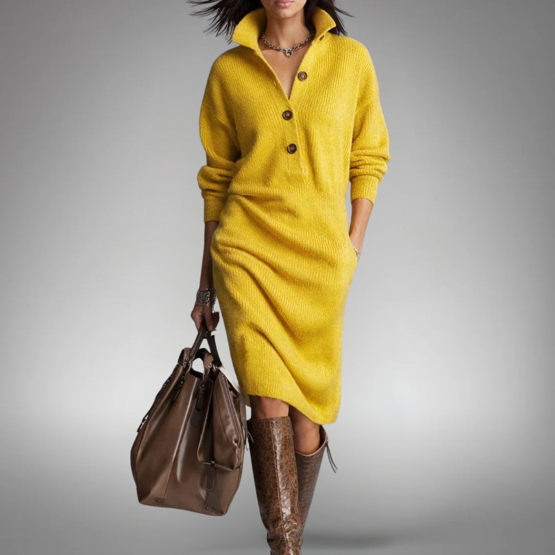 EFFIE | BUTTONED COLLAR KNIT MIDI DRESS