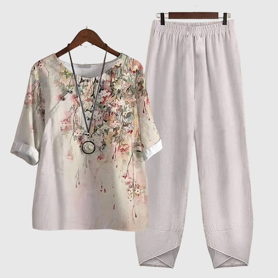 Clarisse two-piece set in ivory with pink blossom print, front view