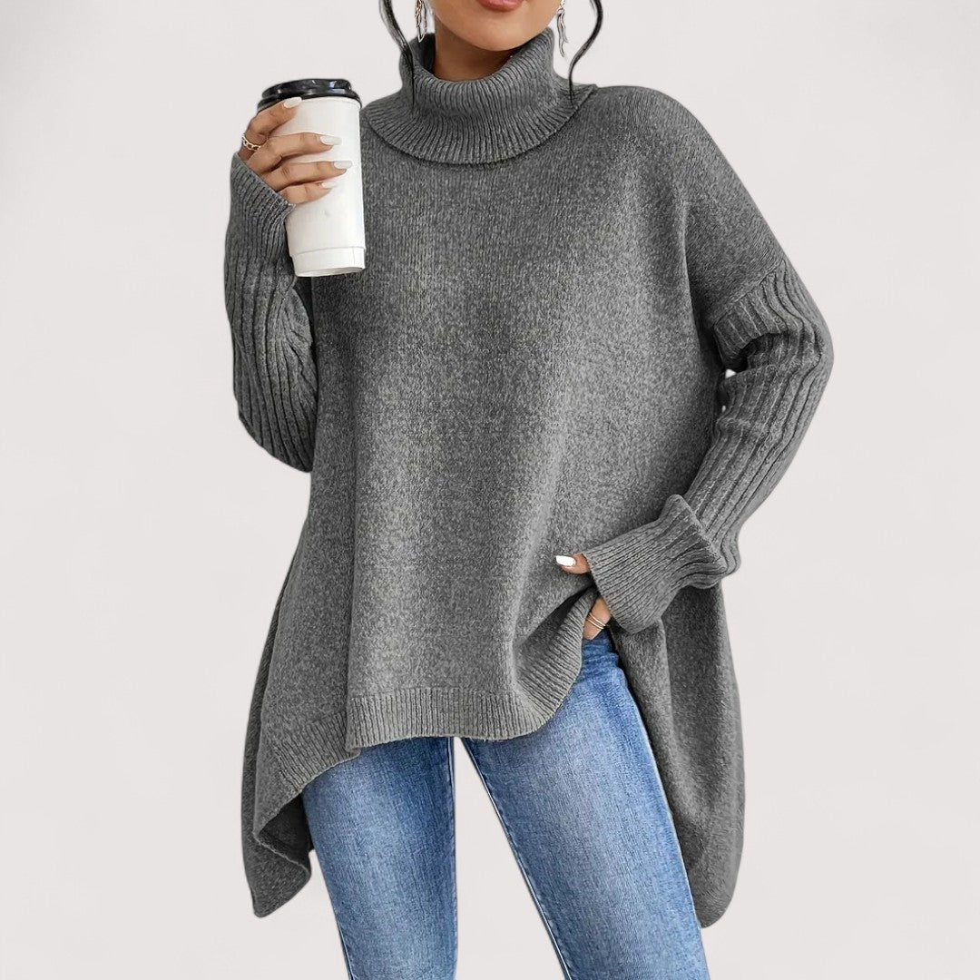 Fenella long turtleneck sweater in stone grey, front view