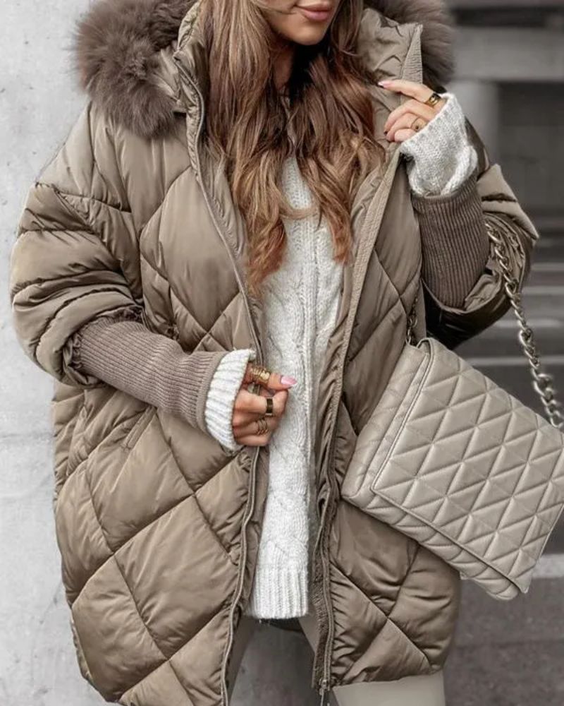 Clemency lined knit parka in khaki, front view with faux-fur hood