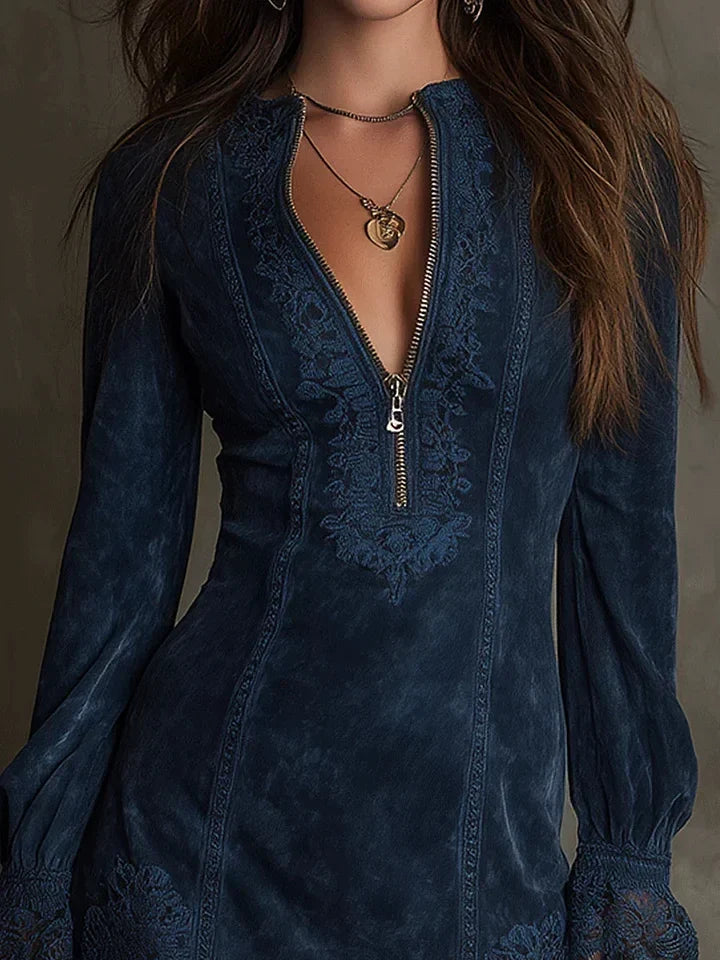 Melody dress in blue, close-up of gold front zip and floral lace panels
