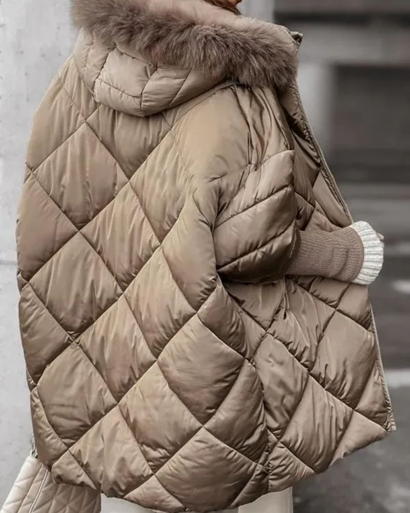 Clemency quilted parka in khaki, back view showing diamond quilting and hood