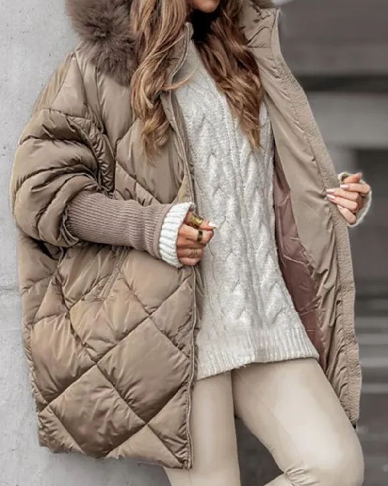 Clemency lined knit parka in khaki, open front over a cable knit jumper