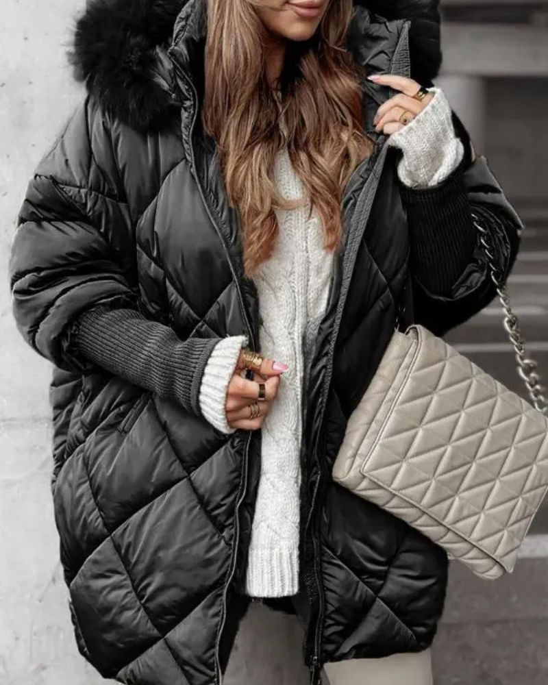 Clemency lined knit parka in black, front view with fur-trimmed hood
