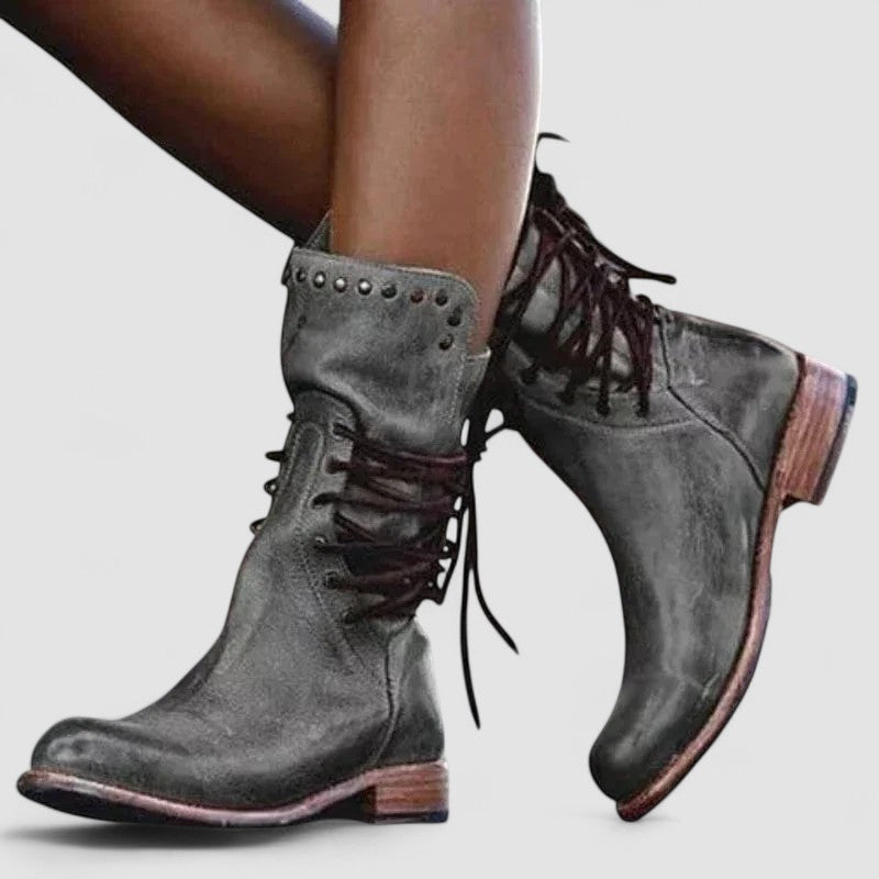 Rachel vintage lace-up ankle boots in grey, worn side view