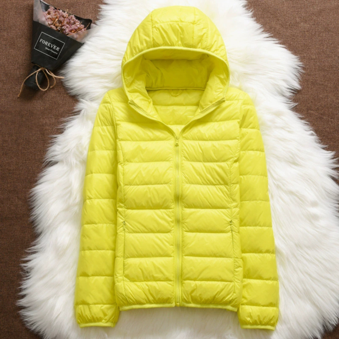 Metta padded jacket in yellow, flat front view with zip and hood