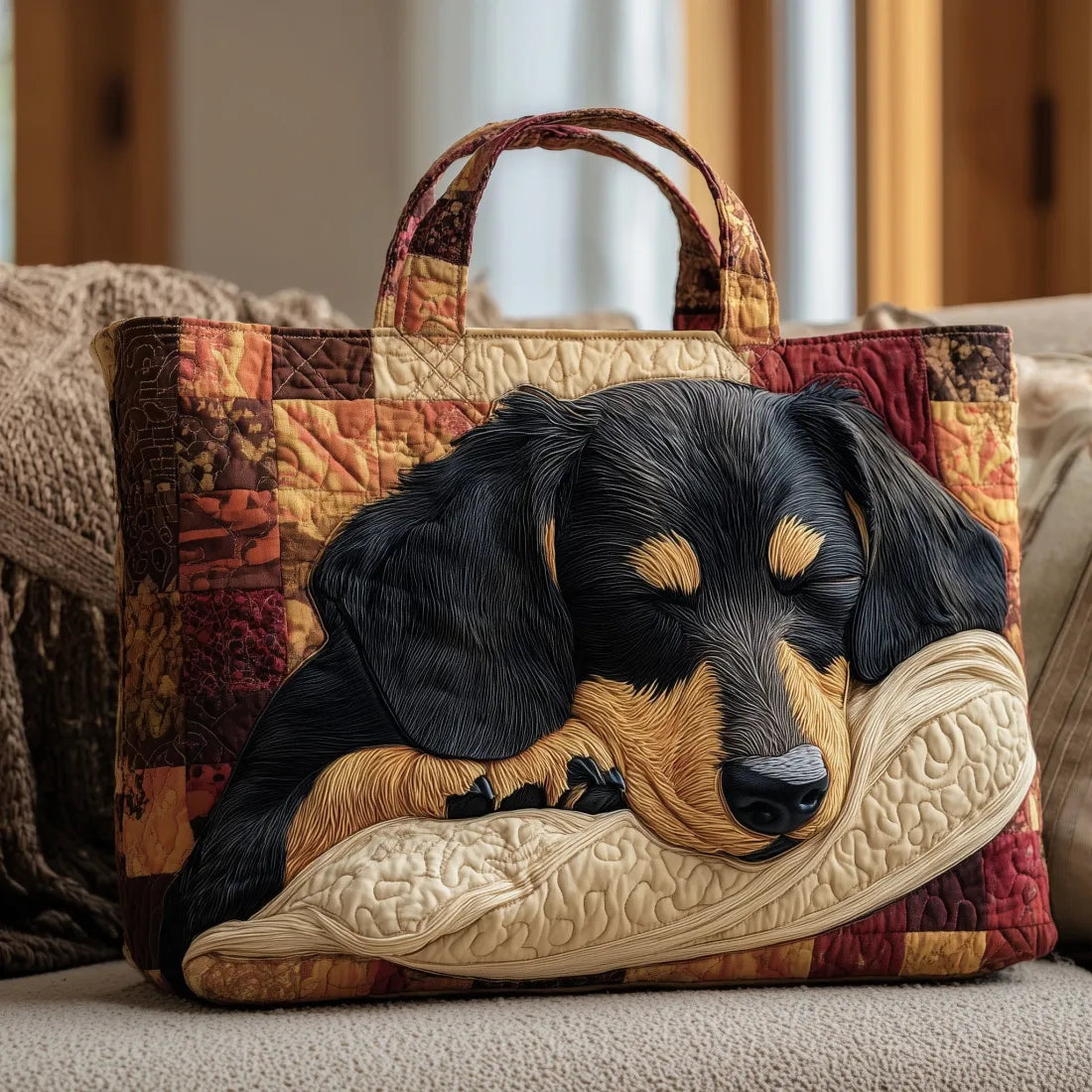 Handcrafted dachshund tote bag in warm red and gold patchwork, front view