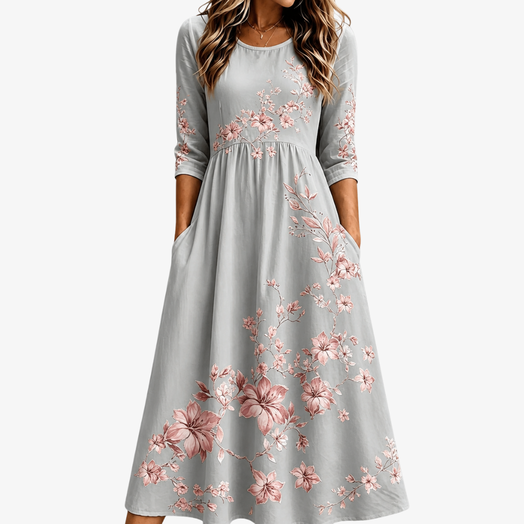 Florence floral hem midi dress in light grey with pink blossom print, front view