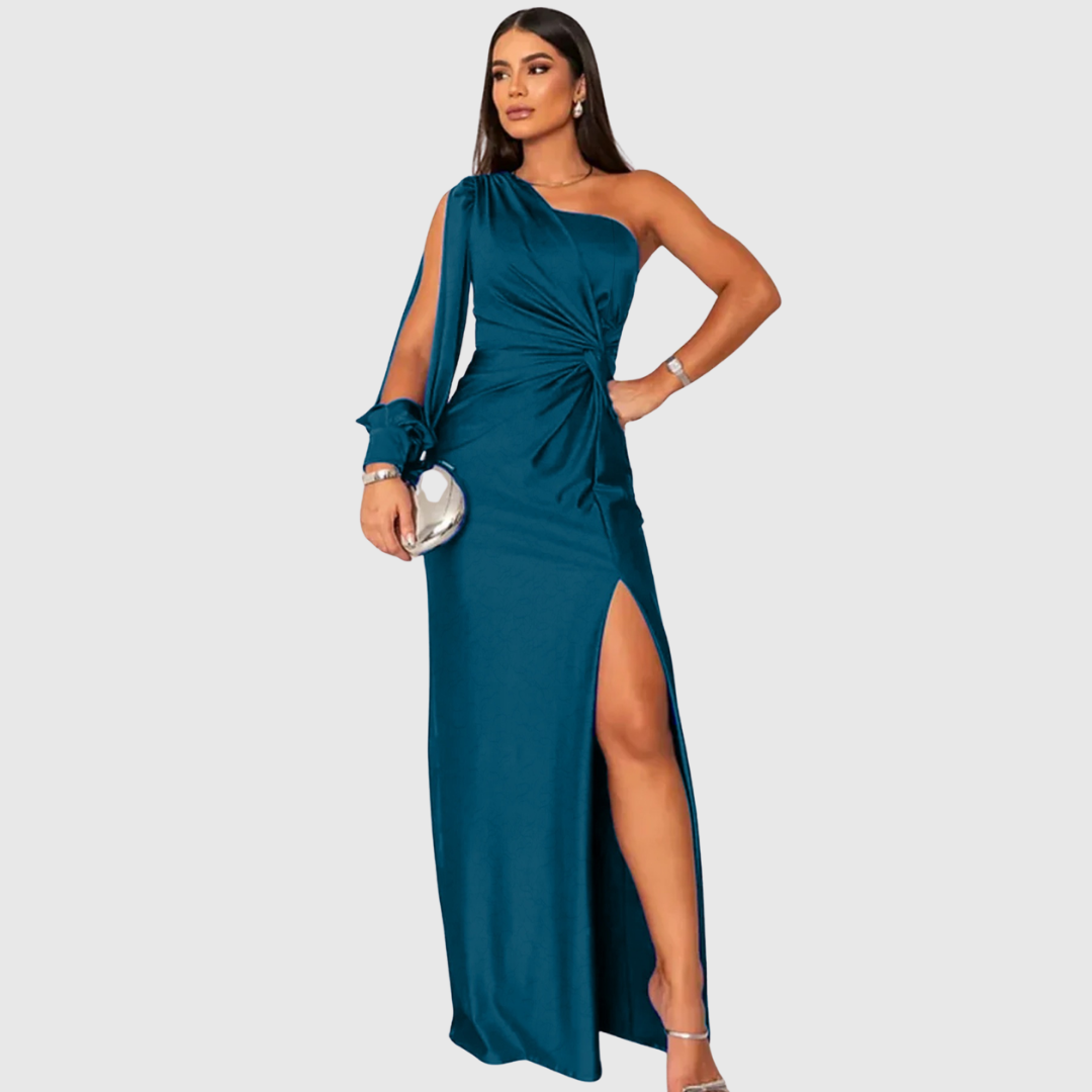 Charlotta one-shoulder evening gown in blue, full-length front view with side slit