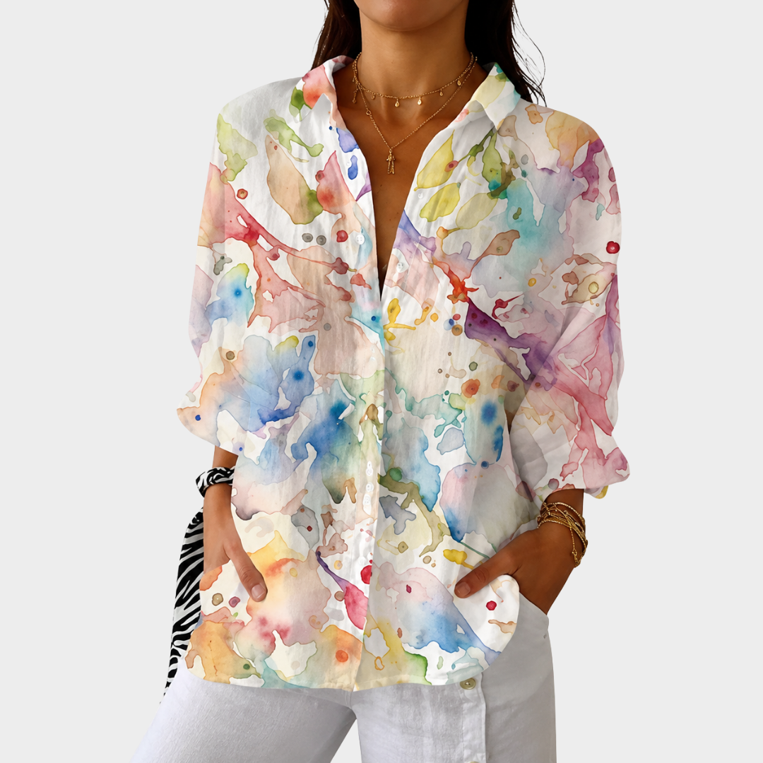 Lightweight everyday blouse in white with multicolour watercolour print, front view