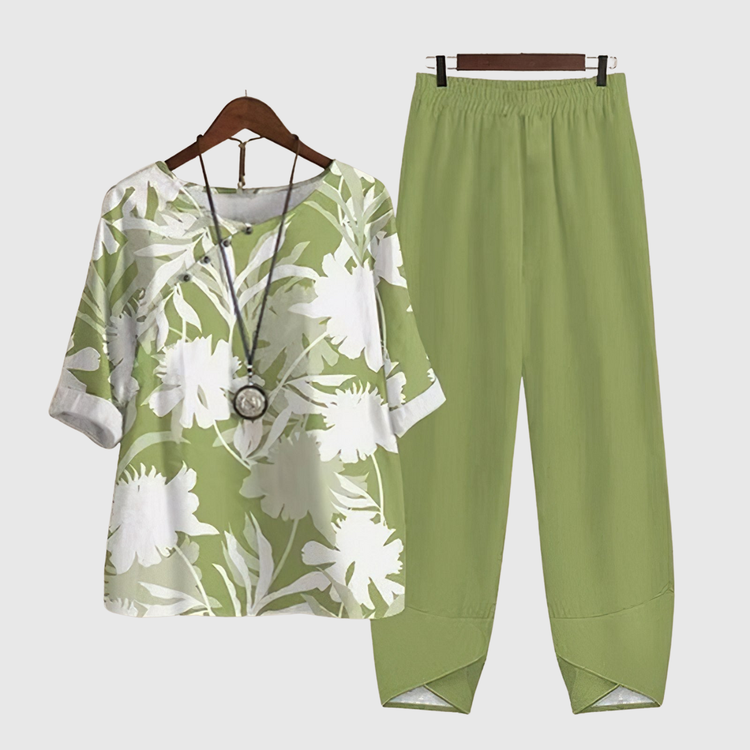 Clarisse two-piece set in clover green floral print, top and trousers
