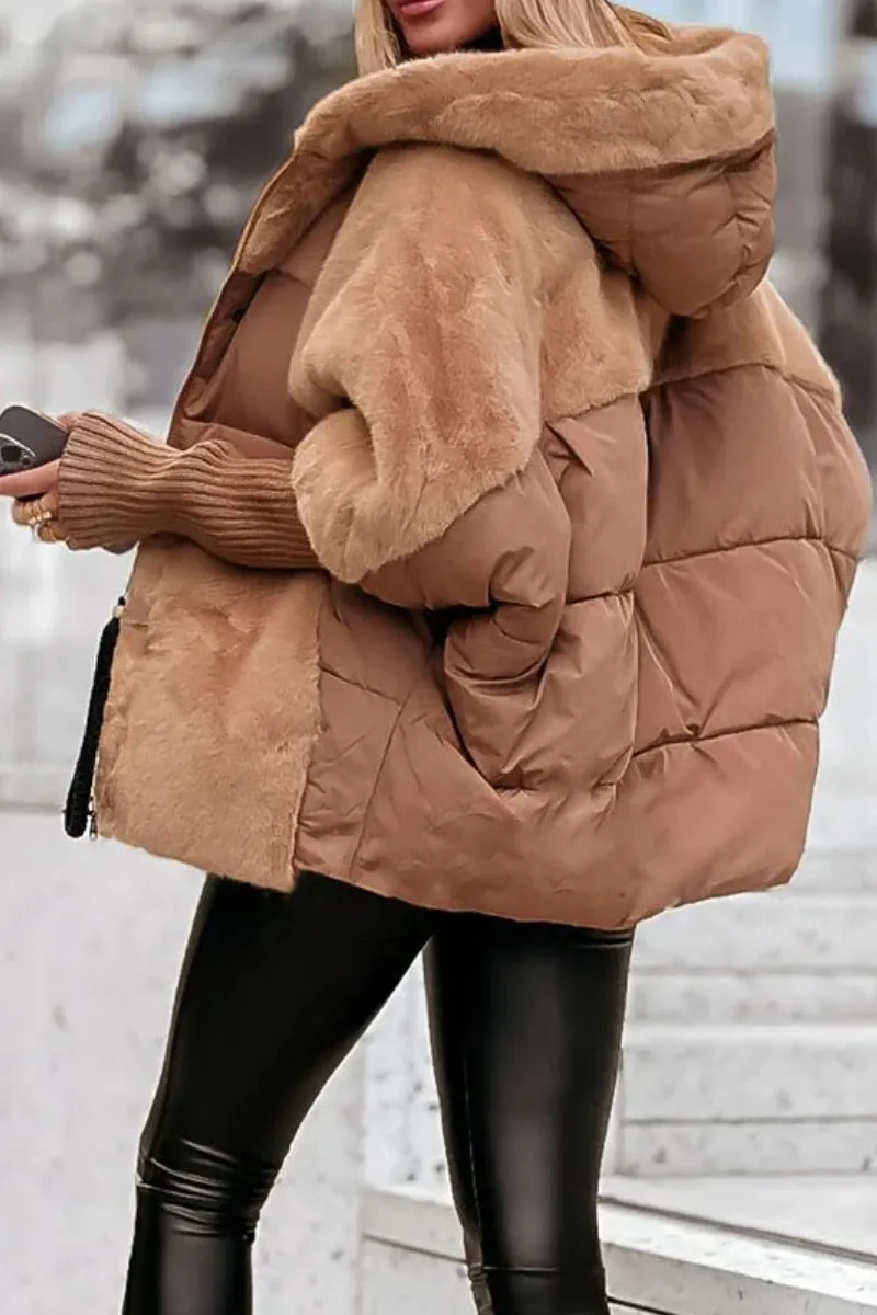 Elsie puffer jacket in brown, side view showing relaxed shape