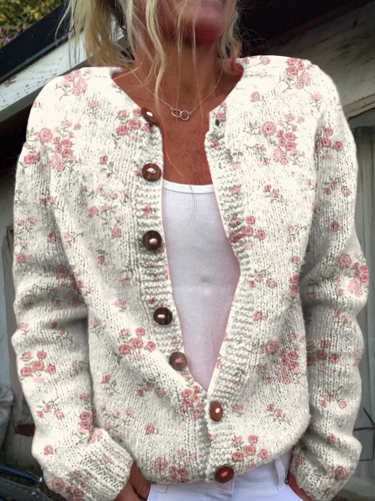 Evanthea vintage floral knit cardigan in cream with pink roses, front view worn open