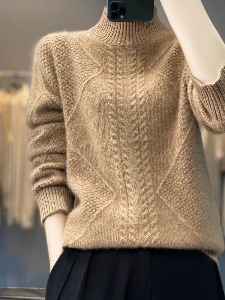 Vaesira cable-knit cashmere sweater in beige, front view showing diamond texture