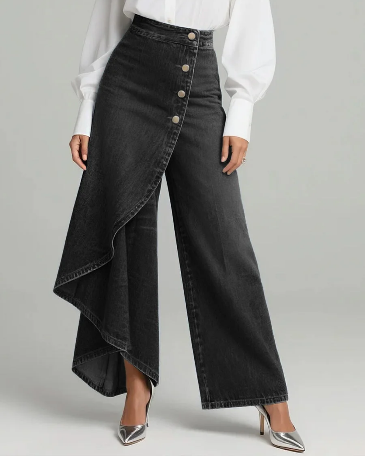 Audrey denim wrap trousers in black, front view on model