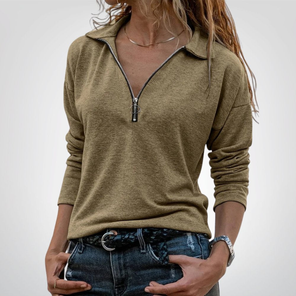 Jaylina half-zip collared top in khaki, front view