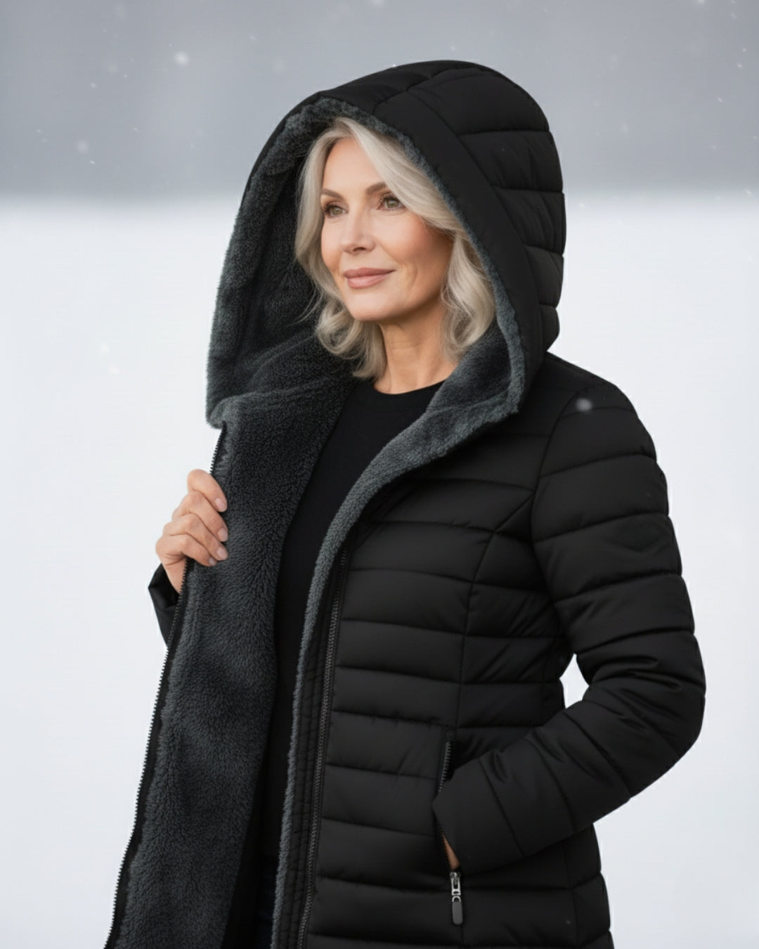 Harriet puffer coat in black, hood up showing fleece-lined collar