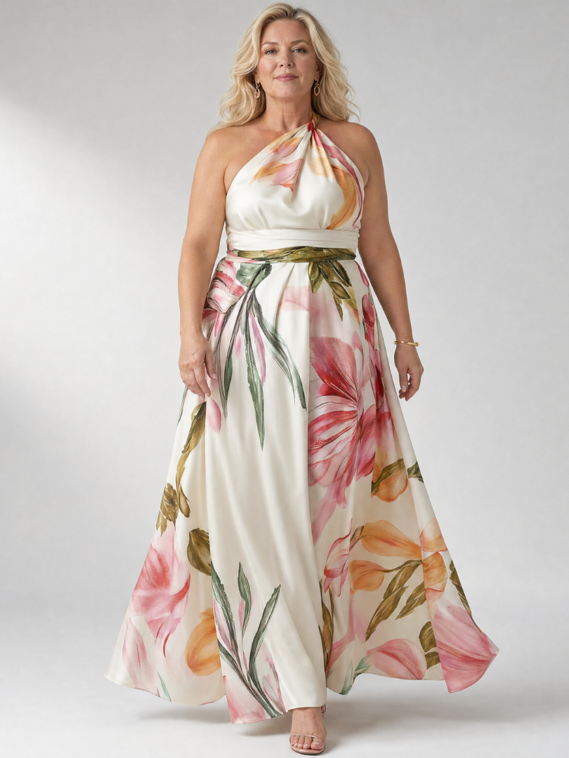 Amiel floral maxi dress in ivory pink print, front view on model