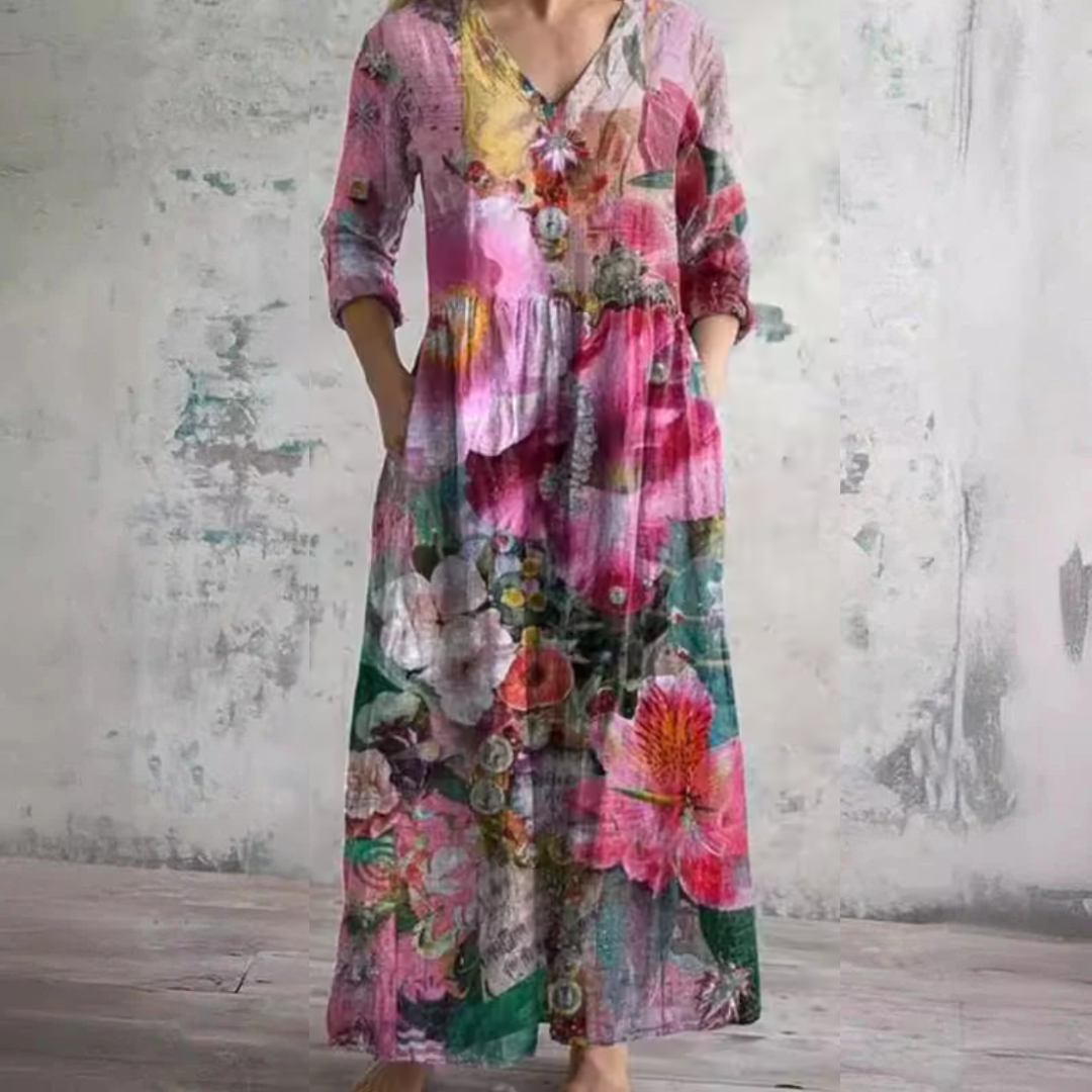 Lynn floral maxi dress in pink, full-length front view with V-neckline