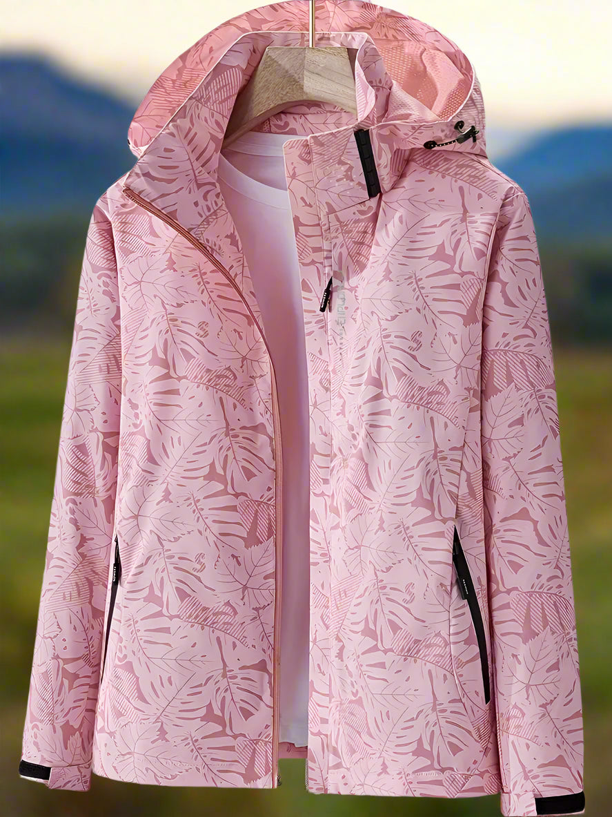 Tauriel leaf print windbreaker in pink, front view with zipped pockets