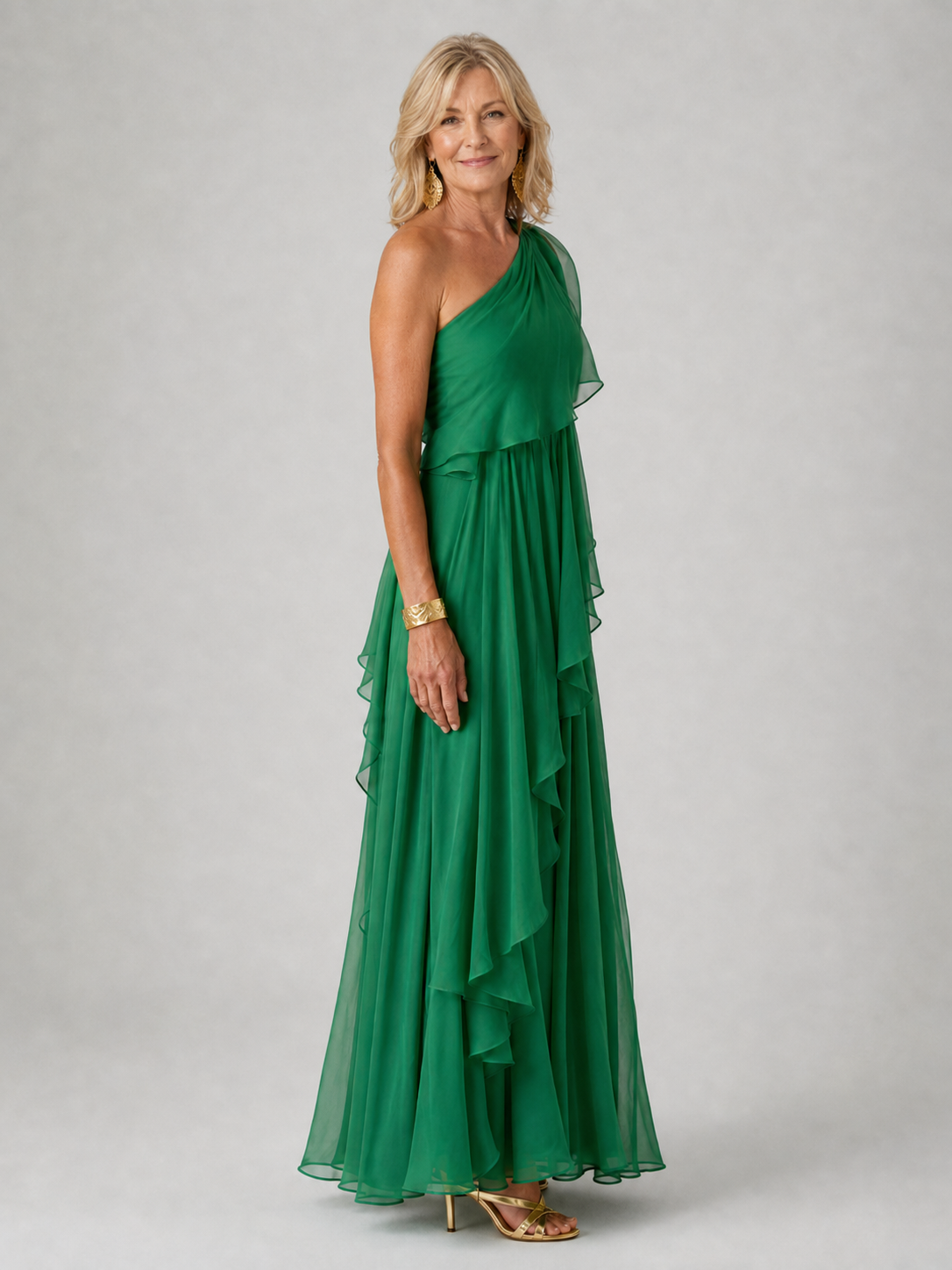 Victoria elegant maxi dress in green, three-quarter side view